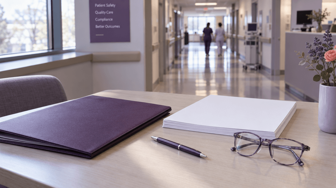 A plum folder and blank papers on a desk overlooking a hospital corridor, with two figures softly out of focus.